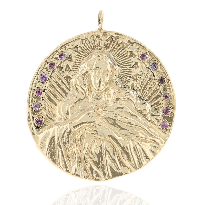 Virgin Mary Medallion with Synthetic Pink Sapphire Accent