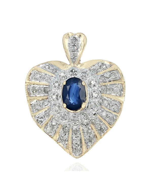 Blue Sapphire and Diamond Halo Heart Pendant in White and Yellow Gold