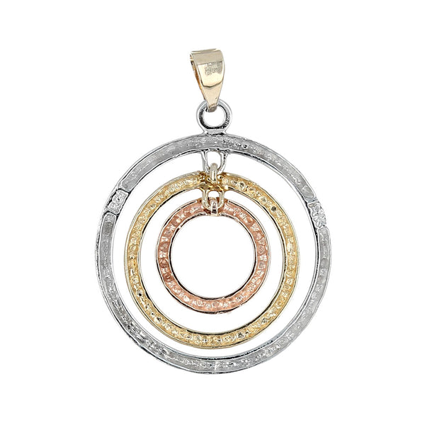 Etched Triple Circle Drop Pendant in White, Rose, and Yellow Gold