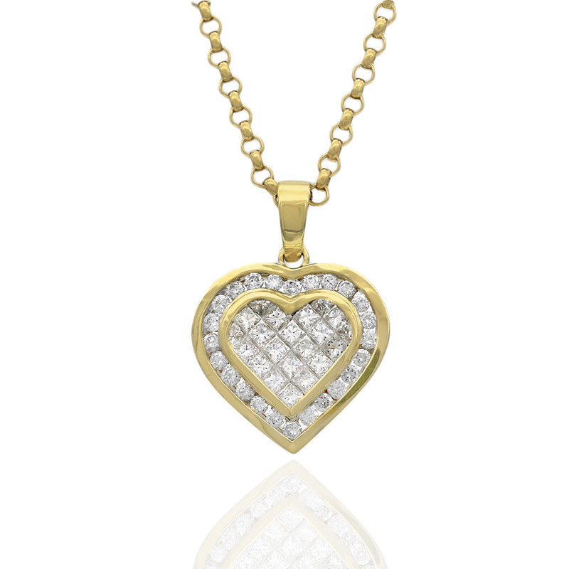Princess & Round Invisible Set Diamond Heart Pendant