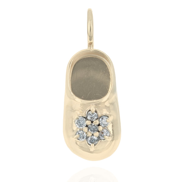 Diamond Flower Baby Shoe Pendant in Yellow Gold