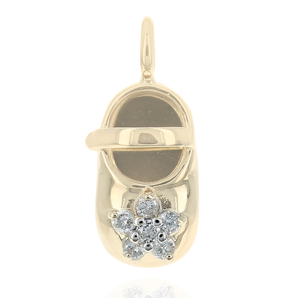 Diamond Flower Baby Shoe Pendant in Yellow Gold