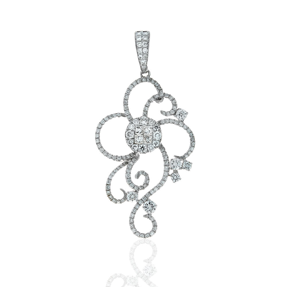 Princess and Round Cut Diamond Pave Open Scroll Motif Pendant