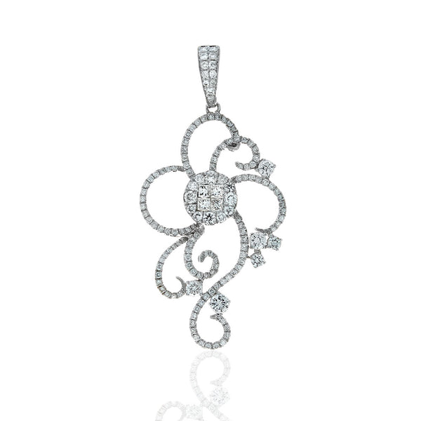 Princess and Round Cut Diamond Pave Open Scroll Motif Pendant
