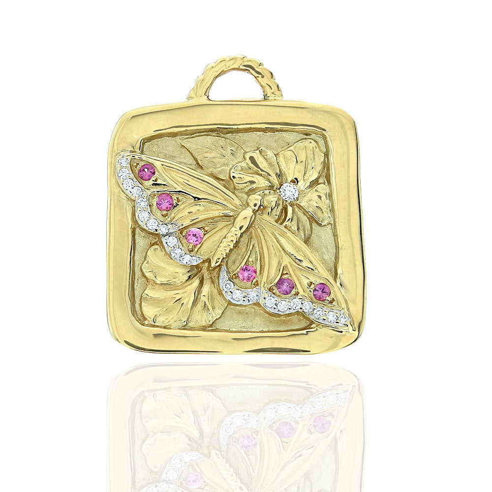 Synthetic Ruby and Diamond Butterfly Floral Pendant