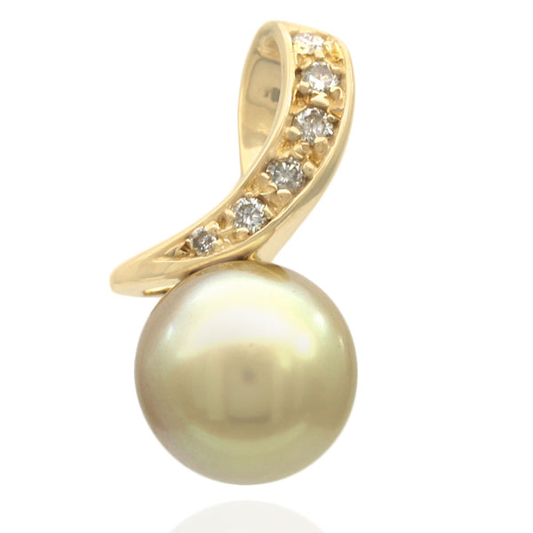 Golden South Sea Pearl and Diamond Swirl Pendant in Yellow Gold