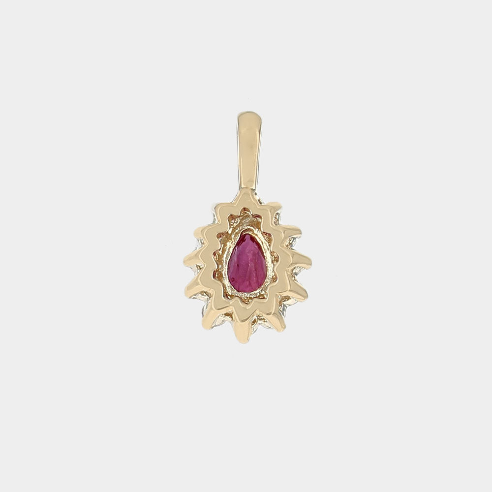 Ruby and Diamond Halo Drop Pendant in Yellow Gold