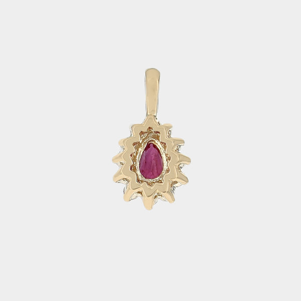 Ruby and Diamond Halo Drop Pendant in Yellow Gold
