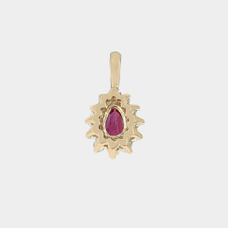 Ruby and Diamond Halo Drop Pendant in Yellow Gold