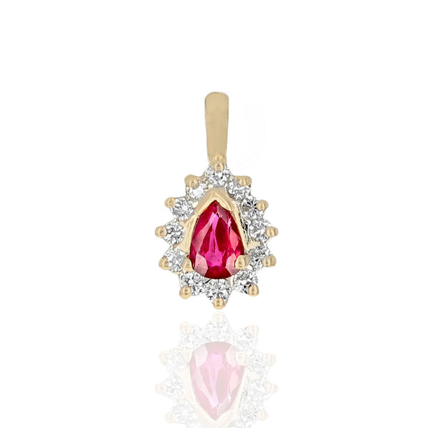 Ruby and Diamond Halo Drop Pendant in Yellow Gold