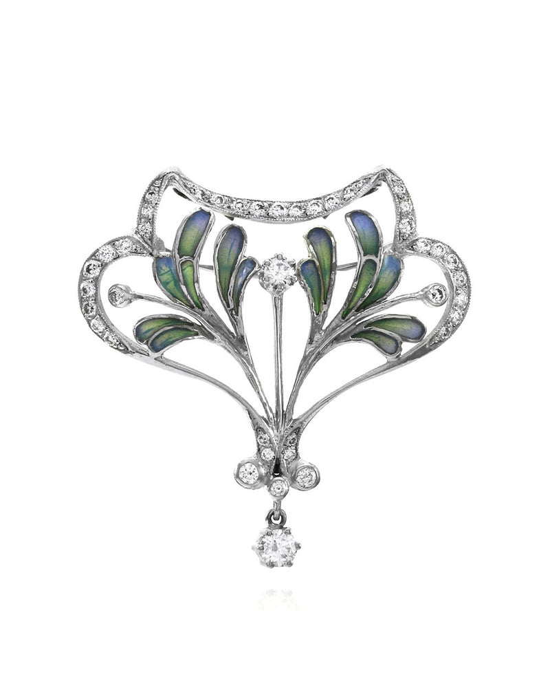 Nouveau 1910 Artic Collection Diamond and Enamel Brooch Pendant in Gold