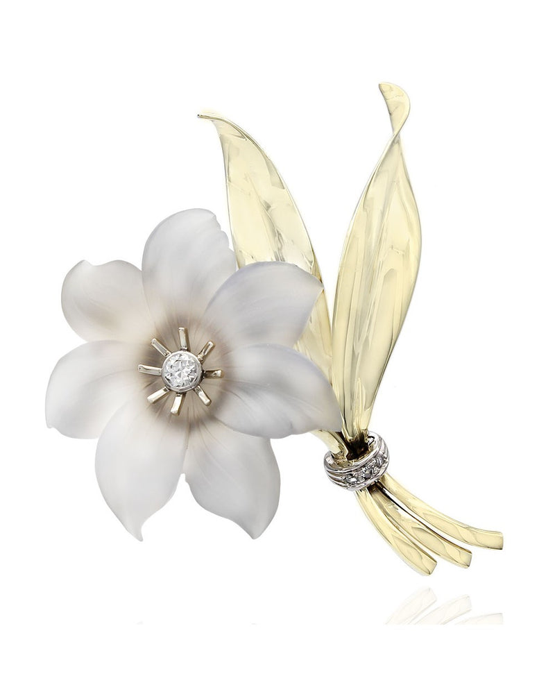 Chalcedony and Diamond Flower Brooch in Gold and Palladium