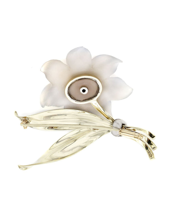 Chalcedony and Diamond Flower Brooch in Gold and Palladium