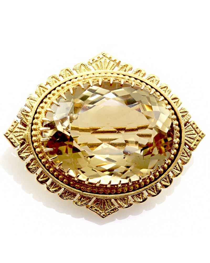 Mid-Victorian Fancy Cut Oval Citrine Brooch 10K Yellow Gold