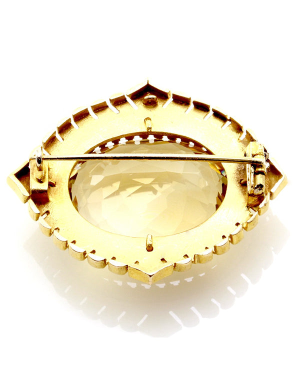 Mid-Victorian Fancy Cut Oval Citrine Brooch 10K Yellow Gold