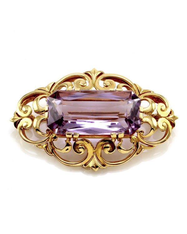 Vintage Amethyst Open Frame Brooch in 18K Yellow Gold