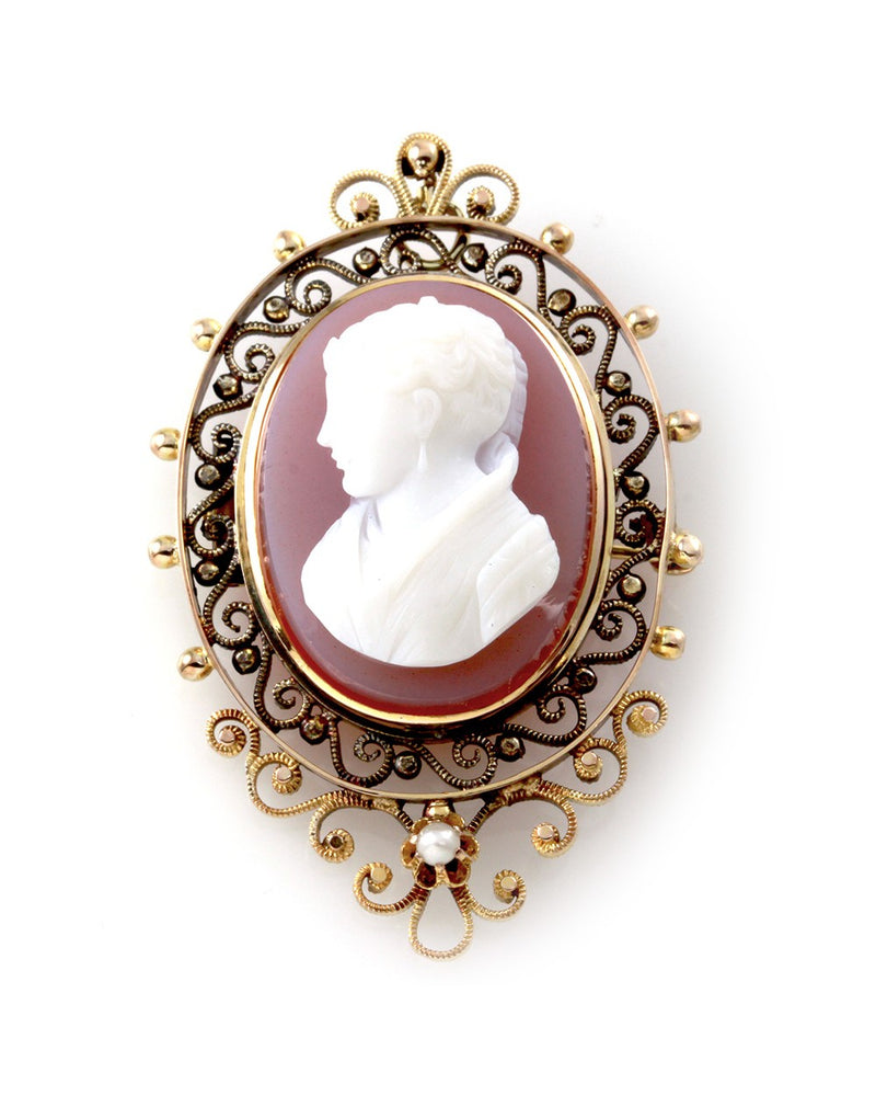 Lavender Celluloid Cameo and Pearl Brooch in Gold