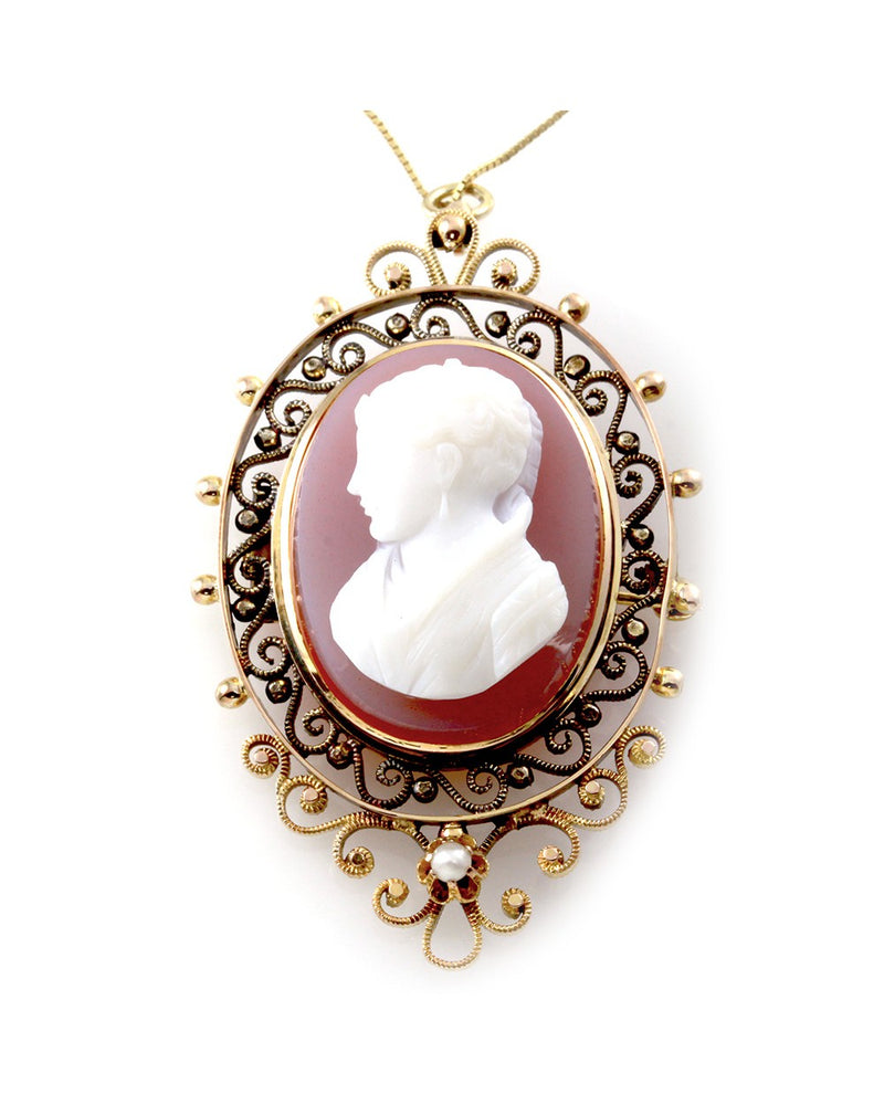 Lavender Celluloid Cameo and Pearl Brooch in Gold