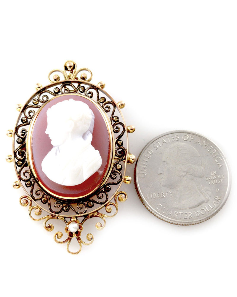 Lavender Celluloid Cameo and Pearl Brooch in Gold