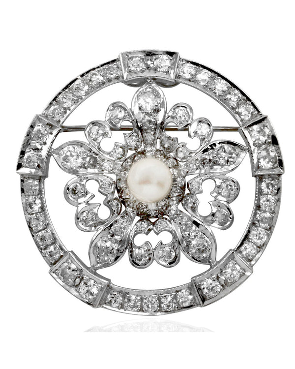 Diamond and Pearl Brooch Pendant in Platinum