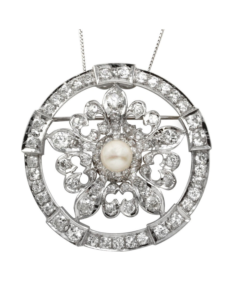 Diamond and Pearl Brooch Pendant in Platinum