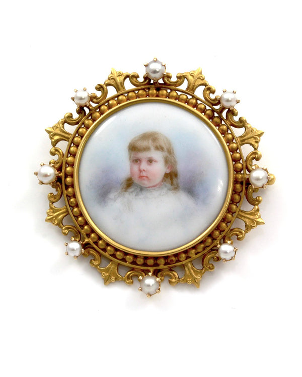 Antique Hand-Painted Porcelain Brooch/ Pendant 18K Yellow Gold