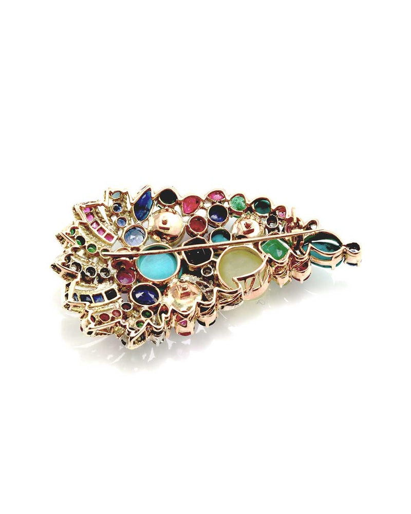 Diamond & Multi-Gem Paisley Cornucopia Brooch in 14K Yellow Gold