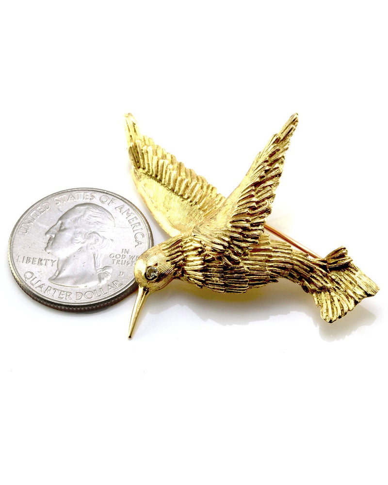 Vintage Hummingbird Brooch with Diamond Accent in 18K Yellow Gold