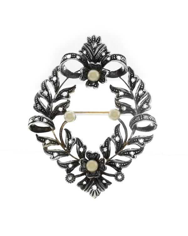 Edwardian Rose Cut Diamond & Pearl Wreath Brooch in 13K Gold & Silver