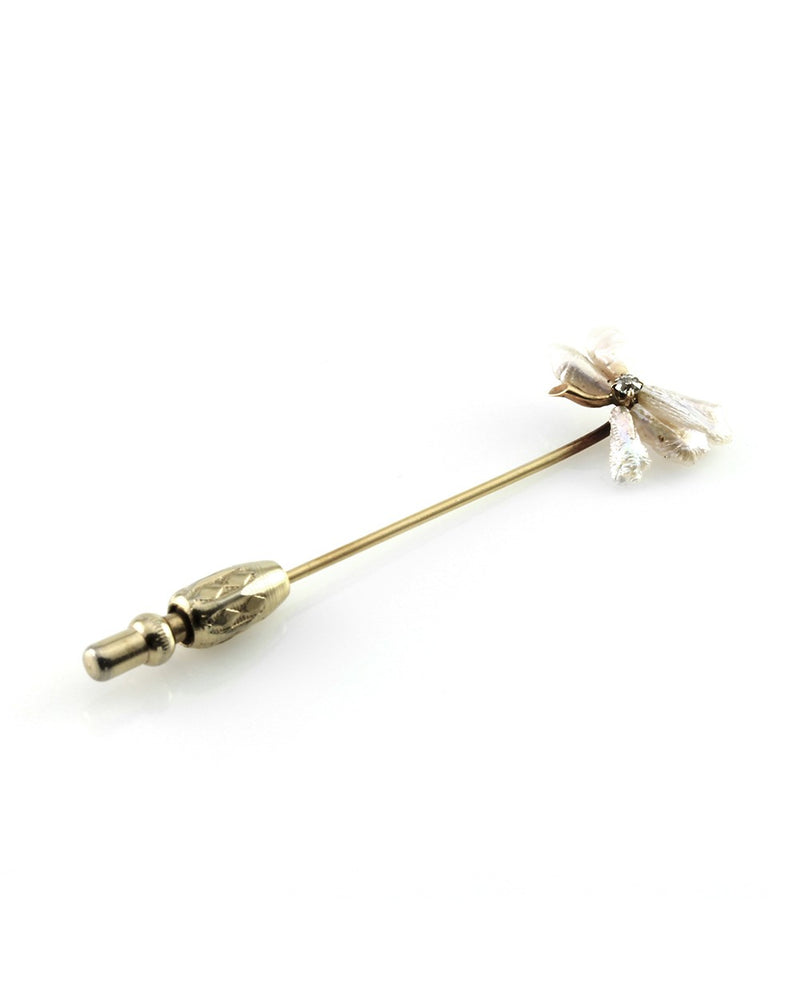 Antique Pearl & Diamond Flower Stick Pin in 10K Yellow Gold