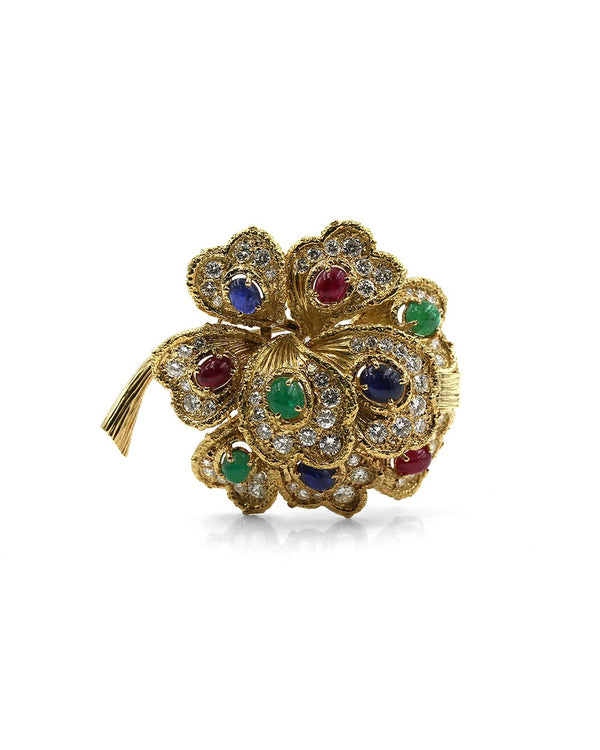 Ruby, Emerald and Sapphire Blooming Flower Pendant/ Brooch in Gold