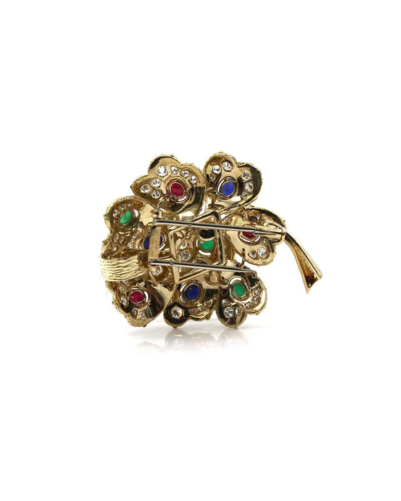 Ruby, Emerald and Sapphire Blooming Flower Pendant/ Brooch in Gold