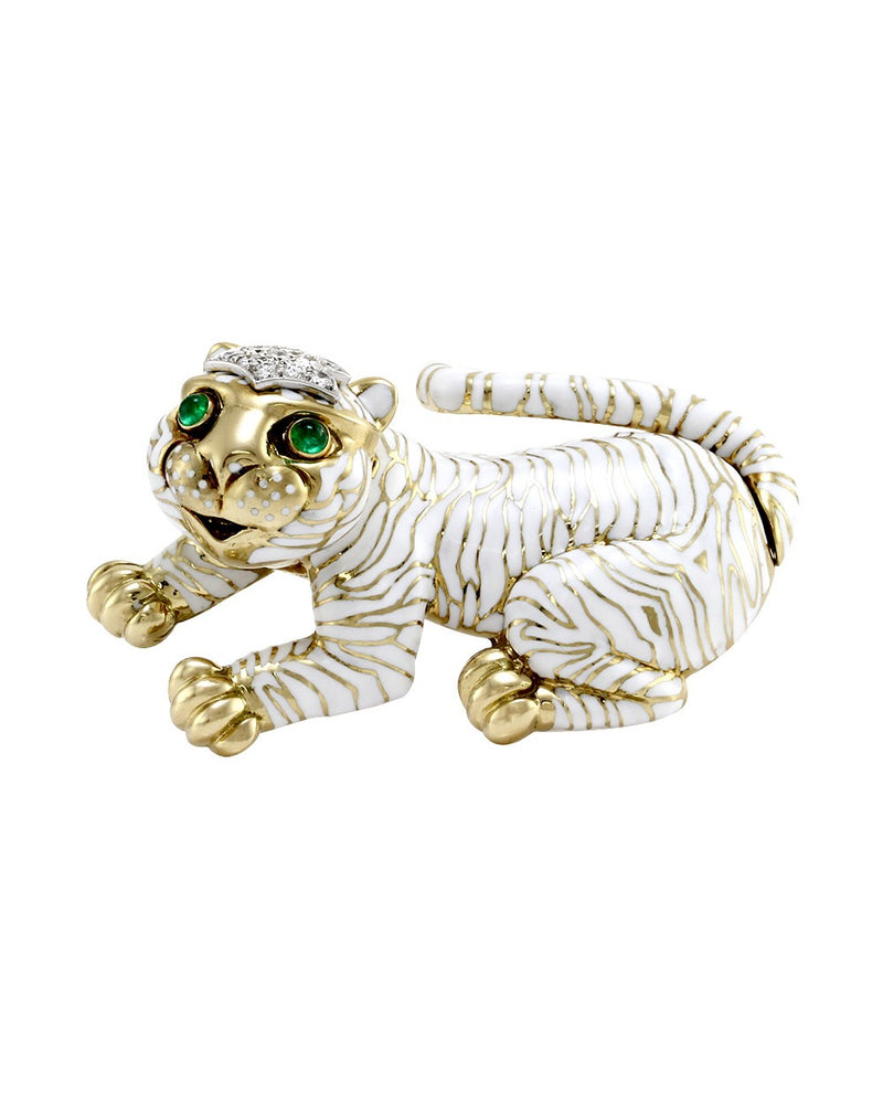 David Webb Kingdom White Tiger Brooch in 18K Yellow Gold