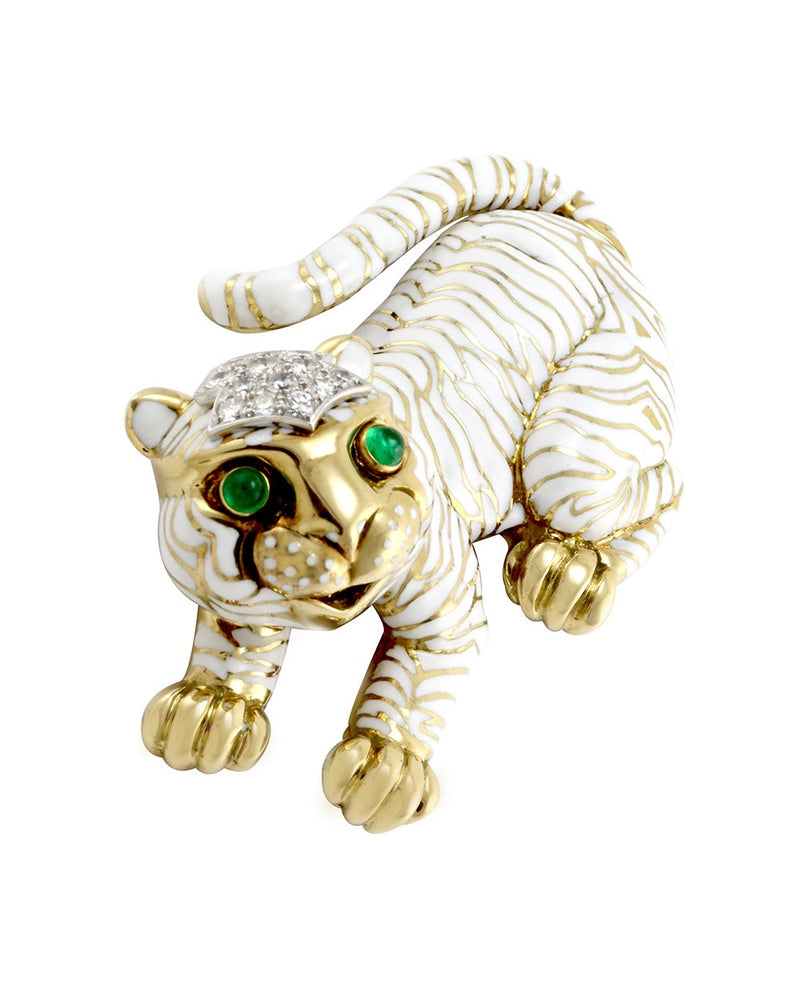 David Webb Kingdom White Tiger Brooch in 18K Yellow Gold