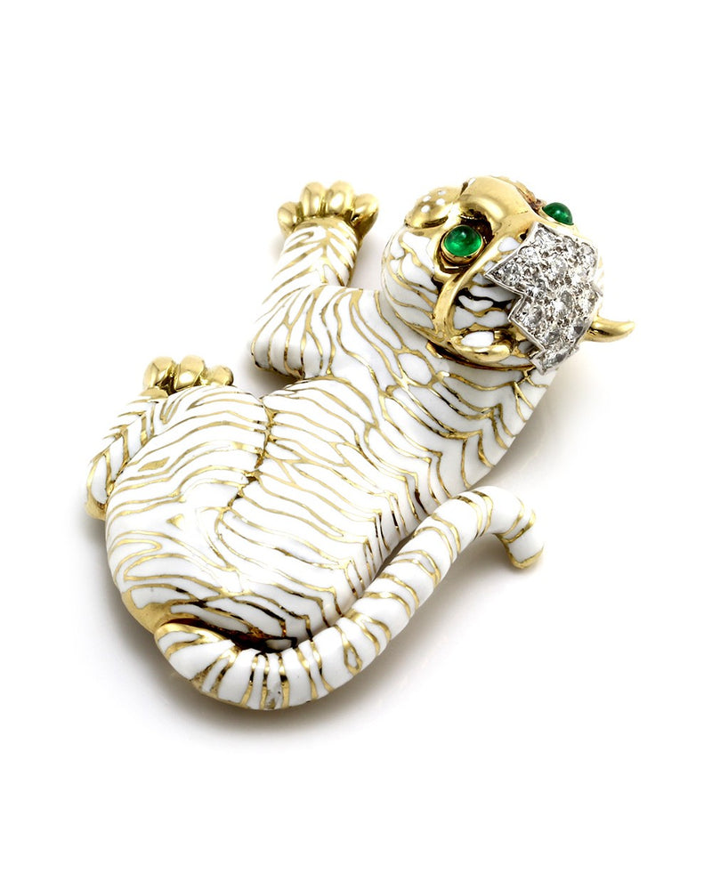 David Webb Kingdom White Tiger Brooch in 18K Yellow Gold