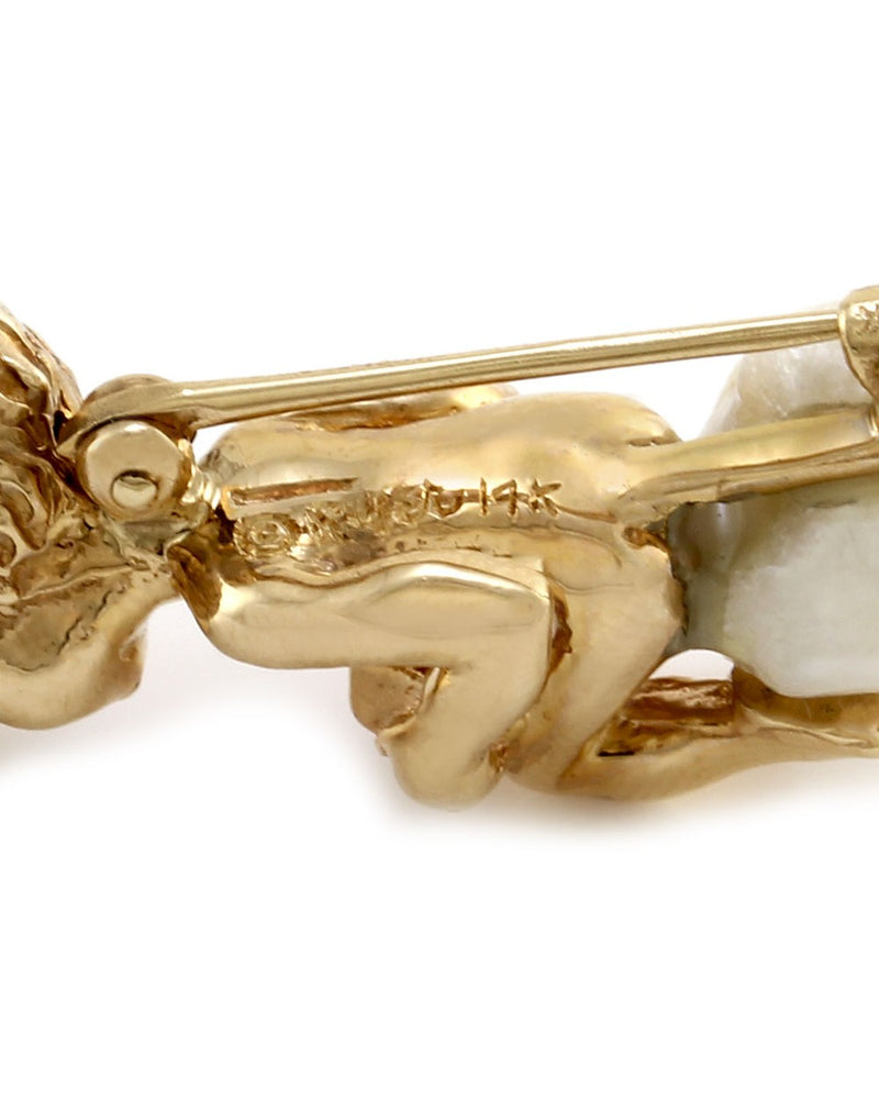 Ruser Freshwater Pearl and Sapphire Cherub with Book Pin in Yellow Gold