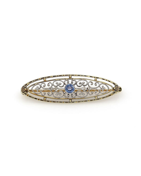 Antique Sapphire Filigree Gold and Platinum Pin