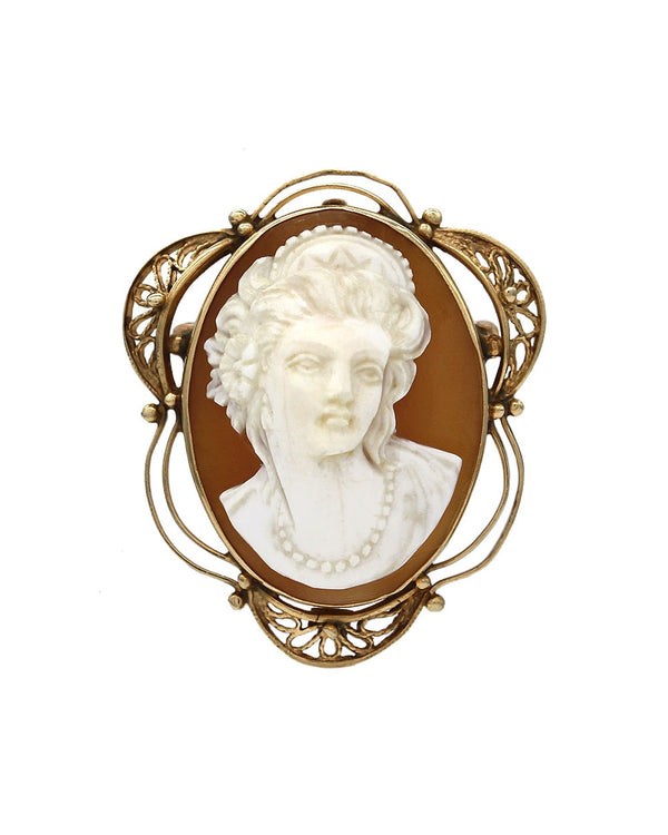 Womans Portrait Oval Cameo Brooch Pendant in Gold