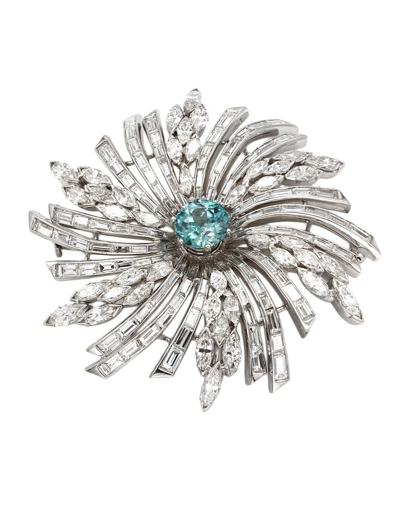 Diamond and Blue Zircon Brooch Pin in Platinum