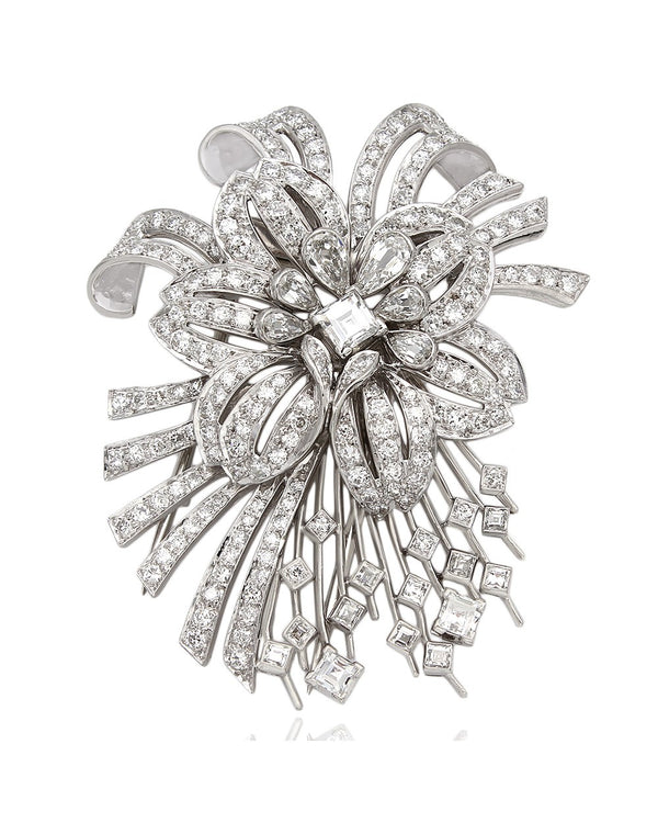 Platinum Flower and Fireworks Diamond Brooch Pin