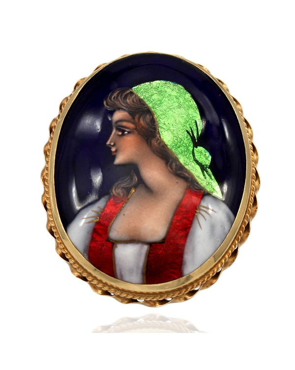 Vintage Painted Peasant Cameo Pin Brooch