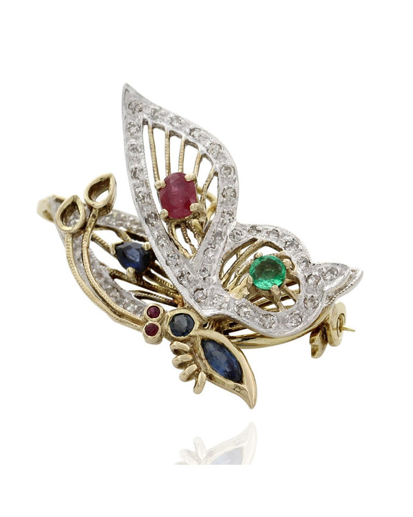 Diamond, Sapphire, Ruby and Emerald Butterfly Pin