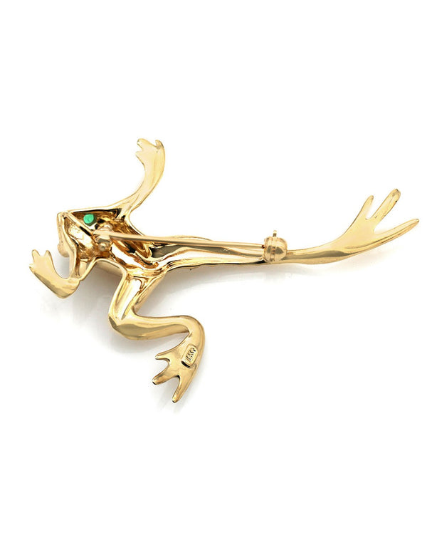 Frog Brooch with Emerald Eyes in Yellow Gold