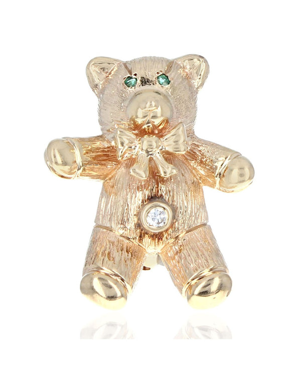 Teddy Bear Pin with Emerald Eyes and Diamond Belly Button