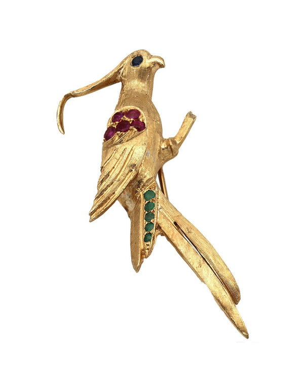 Ruby, Emerald, and Sapphire Cockatiel Pin in Yellow Gold