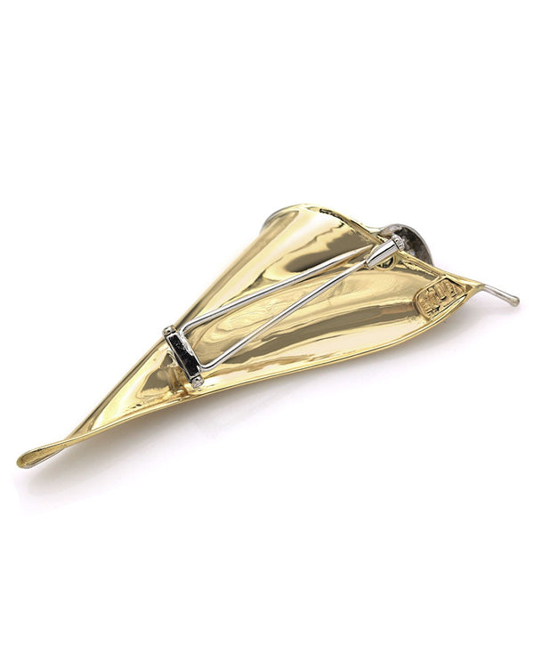 Fluted Curled Leaf Pin Brooch with Diamond Accent