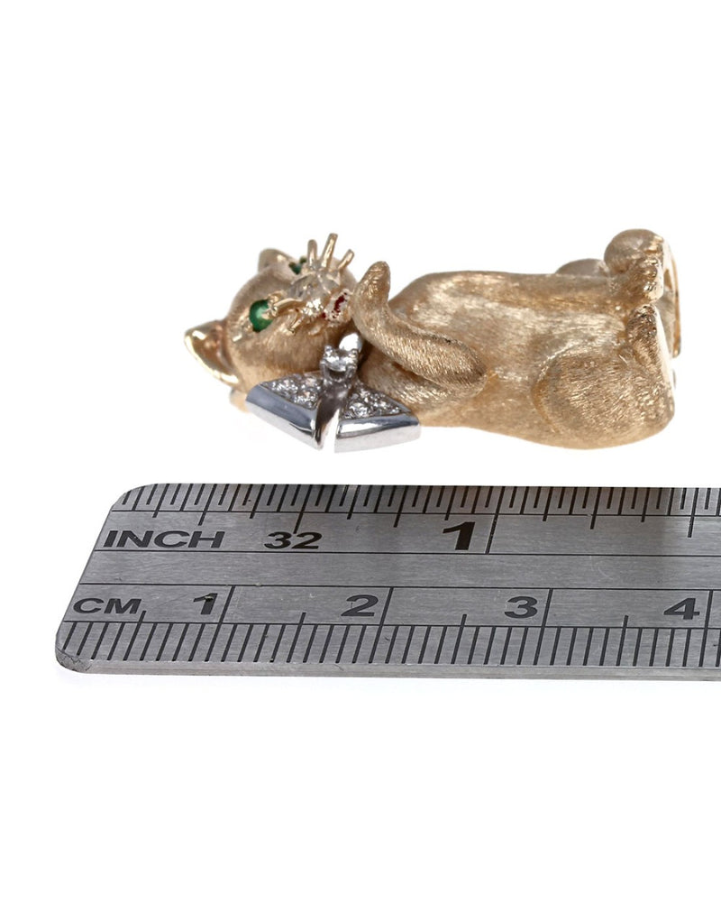 Cat with Diamond Bow Pin in White and Yellow Gold