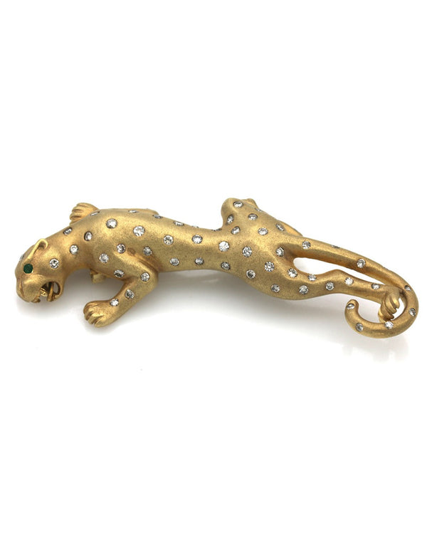 Diamond Leopard Brooch with Emerald Eyes