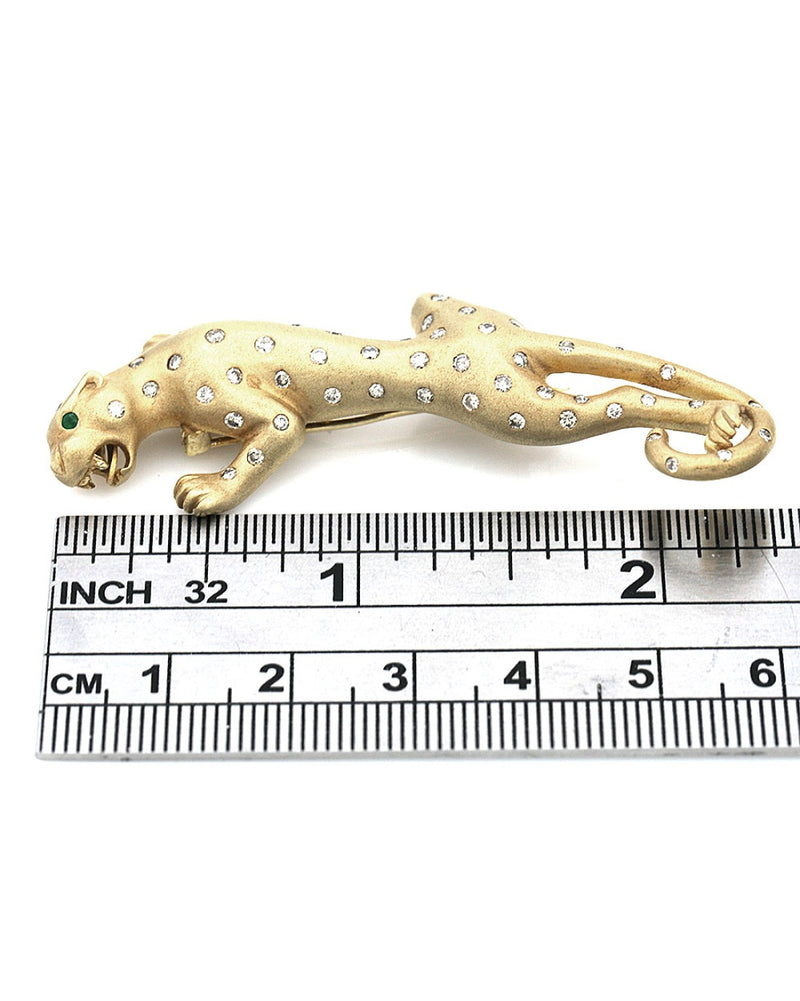 Diamond Leopard Brooch with Emerald Eyes