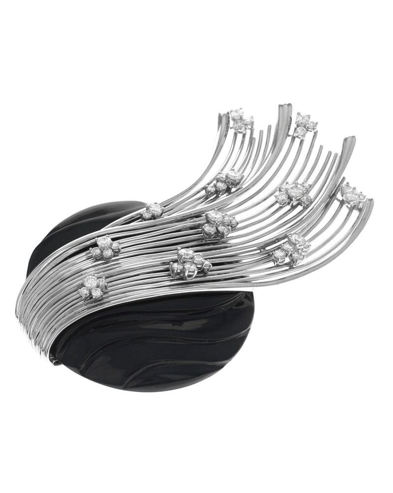 Black Onyx and Diamond Spray Brooch in Platinum